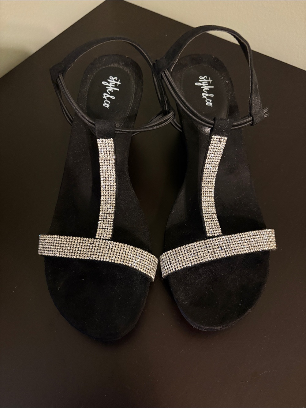 Style & Co. Black T-Strap Rhinestone Heels